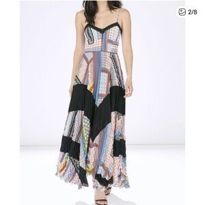 Parker Skye Lakota Maxi dress 100% silk multi-color print and black pleated SZ L